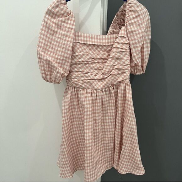 Reformation Mini Dress Zula 100% Linen Pink Gingham Plaid Short Puff Sleeve sz 2 - Picture 2 of 10